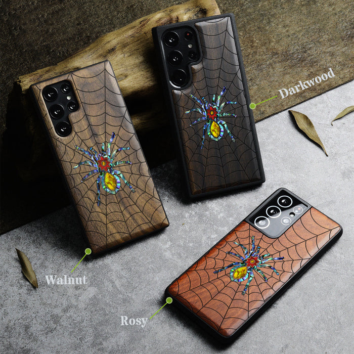 Spider Web, Hand-Inlaid Wood & Mother of Pearl Case - Artisanal Cover for Samsung Galaxy