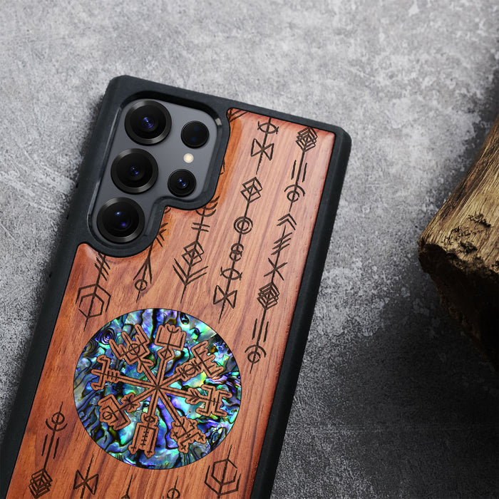 Echoes of Viking Lore, Hand-Inlaid Wood & Mother of Pearl Case - Artisanal Cover for Samsung Galaxy