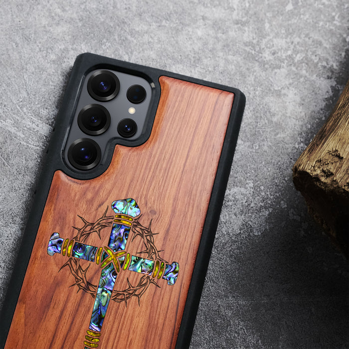 Crucifix Nails, Hand-Inlaid Wood & Mother of Pearl Case - Artisanal Cover for Samsung Galaxy