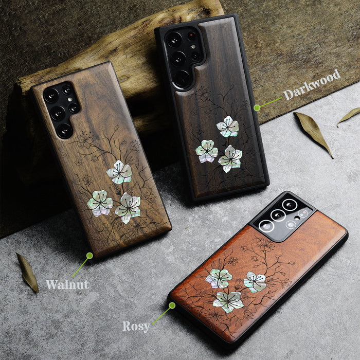 Whispering Sakura Blooms, Hand-Inlaid Wood & Mother of Pearl Case - Artisanal Cover for Samsung Galaxy