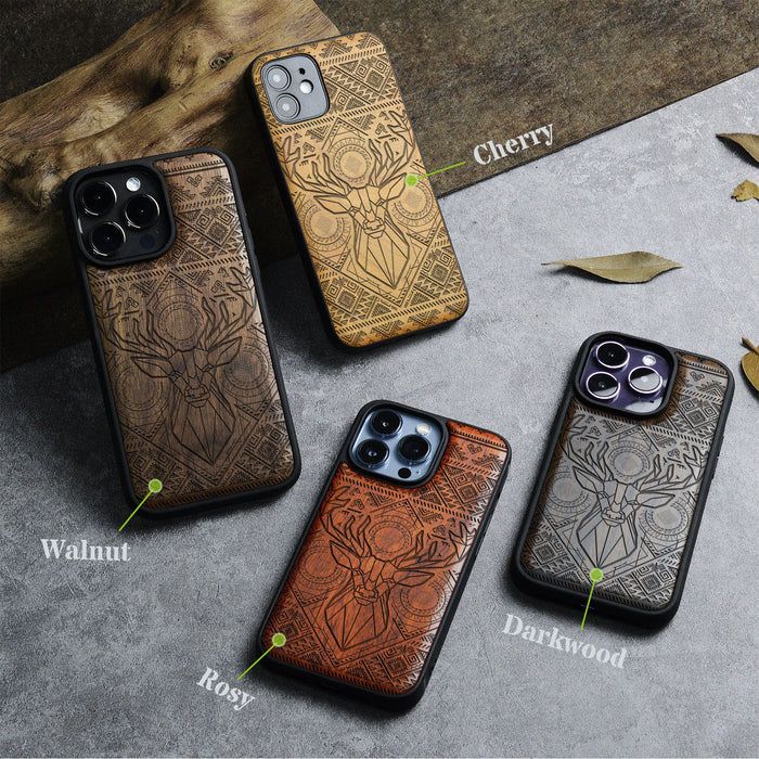 Geometric Deer Amidst Intricate Patterns, Classic Engraved Wood & TPU Case - Artisanal Cover for Apple iPhone