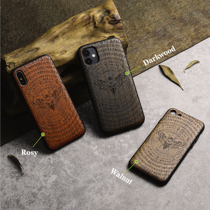 The Death's-Head Butterfly Amidst Runes and Occult, Classic Engraved Wood & TPU Case - Artisanal Cover for Apple iPhone