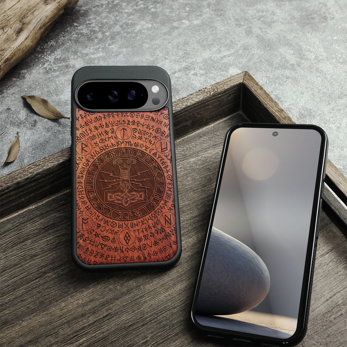 Mjölnir and the Runes, Classic Engraved Wood & TPU Case - Artisanal Cover for Google Pixel