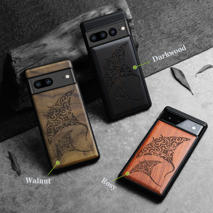 Polynesian Manta Rays, Classic Engraved Wood & TPU Case - Artisanal Cover for Google Pixel