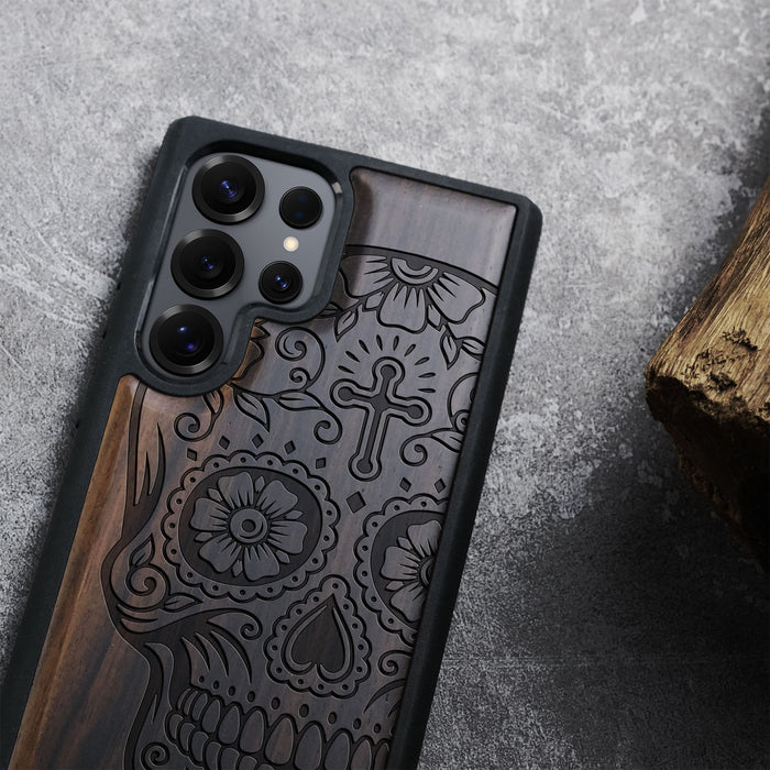Fiesta Skull Classic Engraved Wood & TPU Case Samsung Galaxy Artisanal Case View