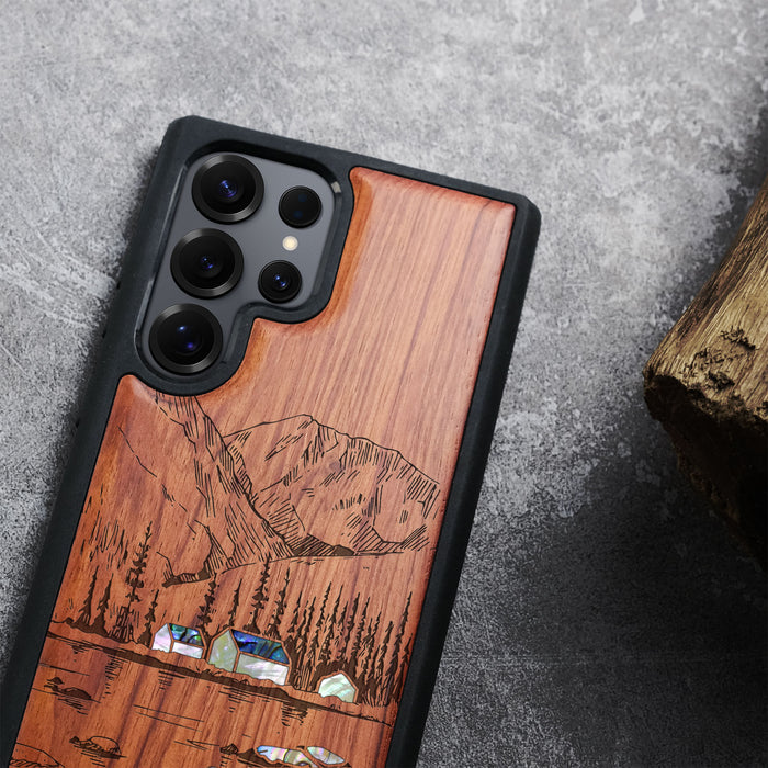 Mountains, Lake, and Village Life, Hand-Inlaid Wood & Mother of Pearl Case - Artisanal Cover for Samsung Galaxy