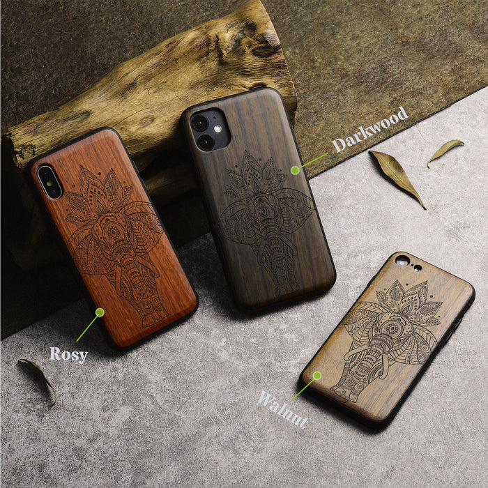 African Elephant in Linework Art, Classic Engraved Wood & TPU Case - Artisanal Cover for Apple iPhone