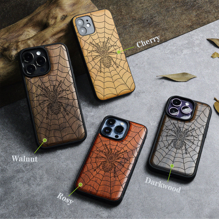 Elegant Webbed Wonder, Classic Engraved Wood & TPU Case - Artisanal Cover for Apple iPhone