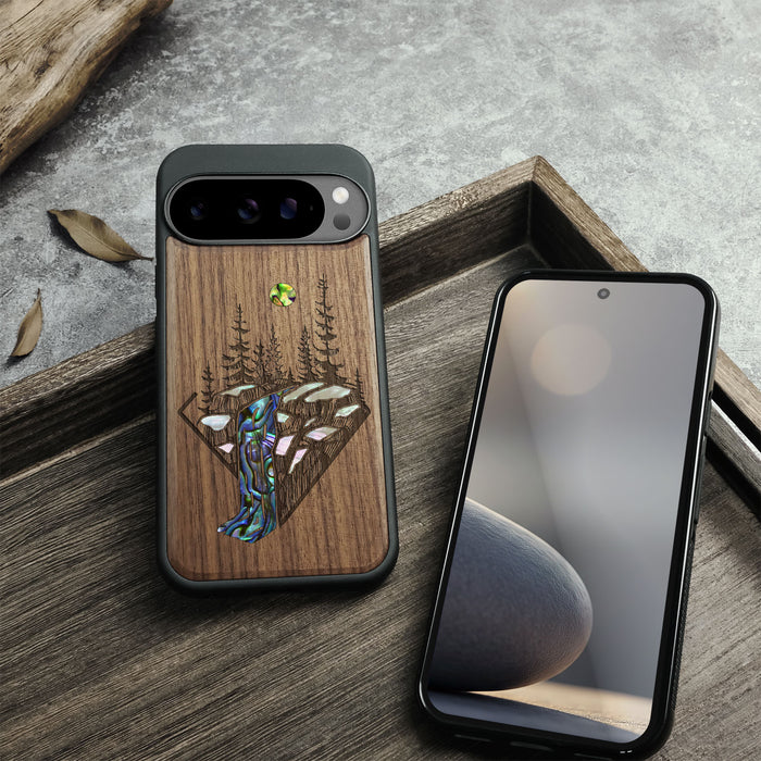 The Floating Forest and Waterfall, Hand-Inlaid Wood & Mother of Pearl Case - Artisanal Cover for Google Pixel