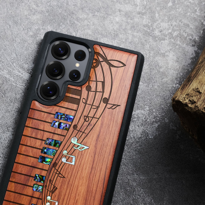 Melodic Wave Symphony, Hand-Inlaid Wood & Mother of Pearl Case - Artisanal Cover for Samsung Galaxy