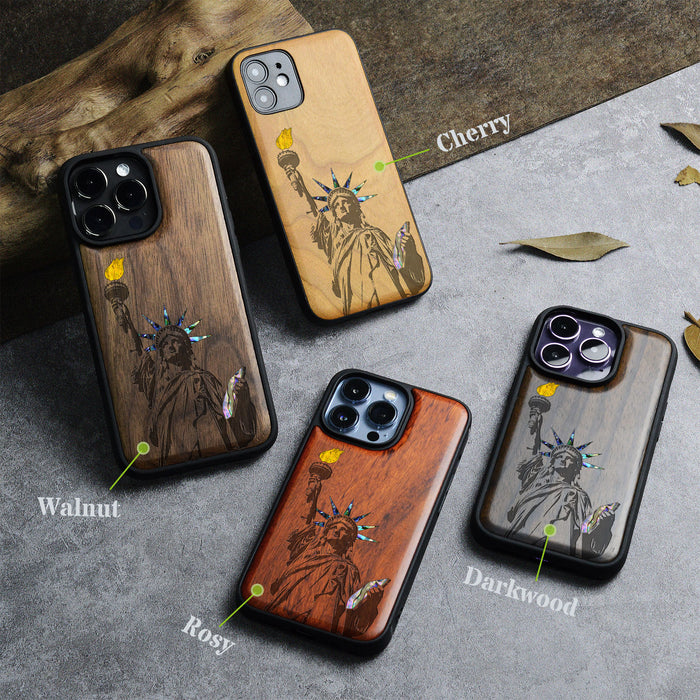 Statue of Liberty, Hand-Inlaid Wood & Mother of Pearl Case - Artisanal Cover for Apple iPhone