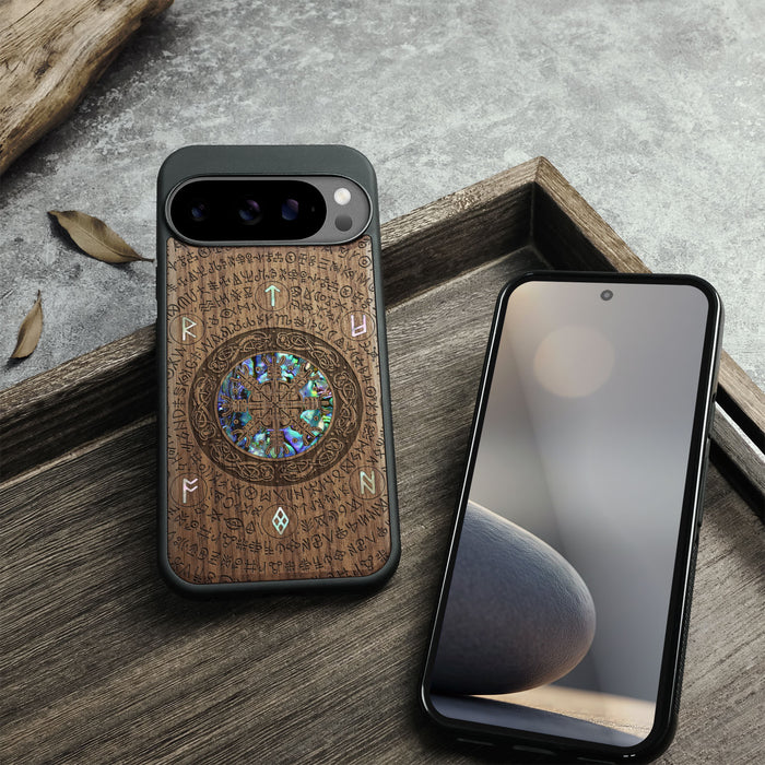 The Shield of Dragons and Awe, Hand-Inlaid Wood & Mother of Pearl Case - Artisanal Cover for Google Pixel