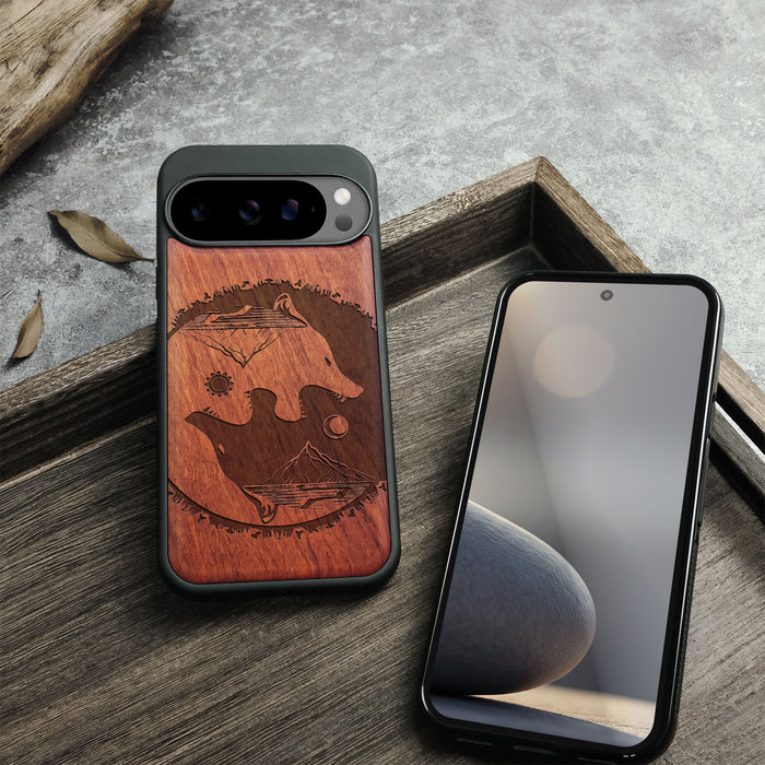 Yin-Yang Wolf, Classic Engraved Wood & TPU Case - Artisanal Cover for Google Pixel