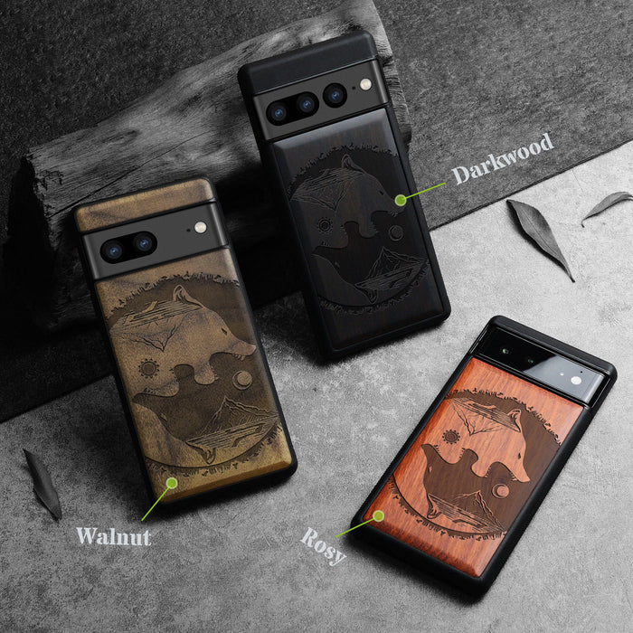 Yin-Yang Wolf, Classic Engraved Wood & TPU Case - Artisanal Cover for Google Pixel