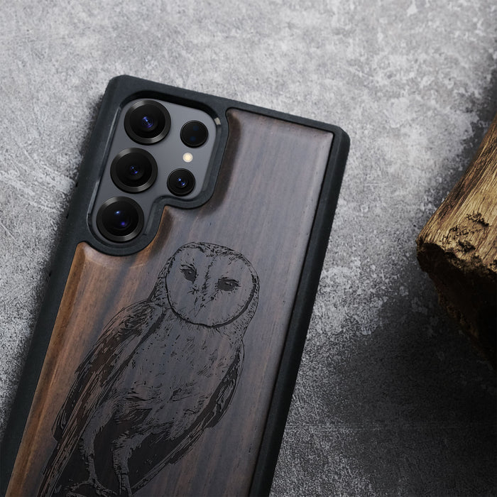 The Majestic Barn Owl, Classic Engraved Wood & TPU Case - Artisanal Cover for Samsung Galaxy