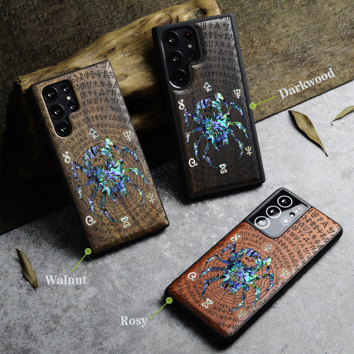 Shadows of the Web, Hand-Inlaid Wood & Mother of Pearl Case - Artisanal Cover for Samsung Galaxy