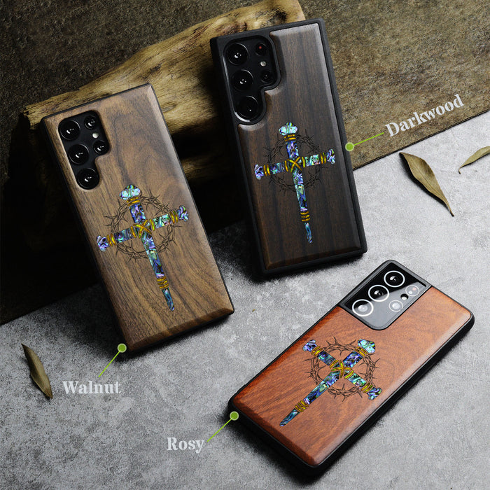 Crucifix Nails, Hand-Inlaid Wood & Mother of Pearl Case - Artisanal Cover for Samsung Galaxy