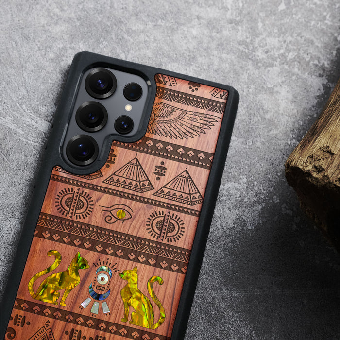 The Symbols of Egypt., Hand-Inlaid Wood & Mother of Pearl Case - Artisanal Cover for Samsung Galaxy