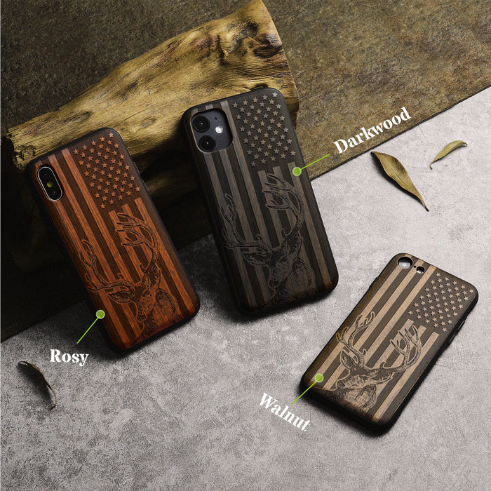 Deer Against the Backdrop of Stars and Stripes, Classic Engraved Wood & TPU Case - Artisanal Cover for Apple iPhone