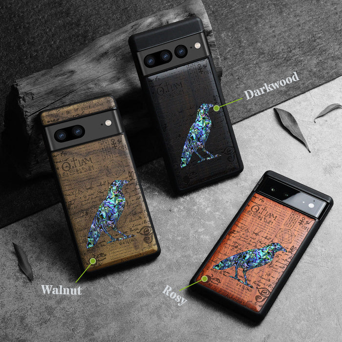 Raven Script, Hand-Inlaid Wood & Mother of Pearl Case - Artisanal Cover for Google Pixel