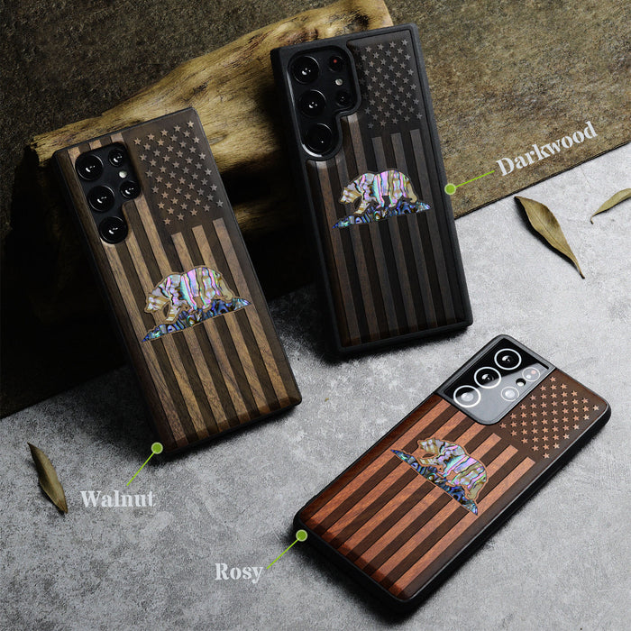 American Flag, Bear, Hand-Inlaid Wood & Mother of Pearl Case - Artisanal Cover for Samsung Galaxy