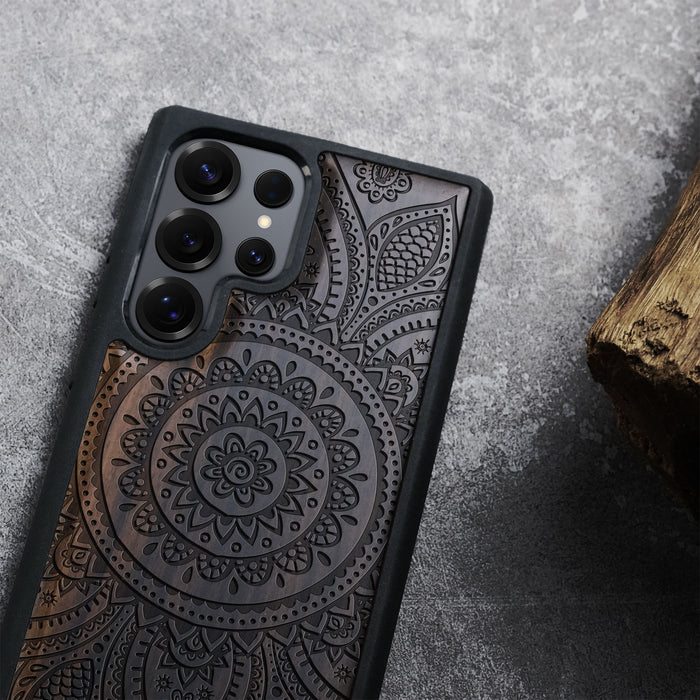 Floral Mandala Classic Engraved Wood & TPU Case Samsung Galaxy Artisanal Case View