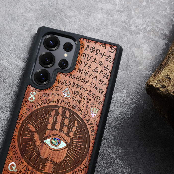 The Enigmatic Eye, Hand-Inlaid Wood & Mother of Pearl Case - Artisanal Cover for Samsung Galaxy
