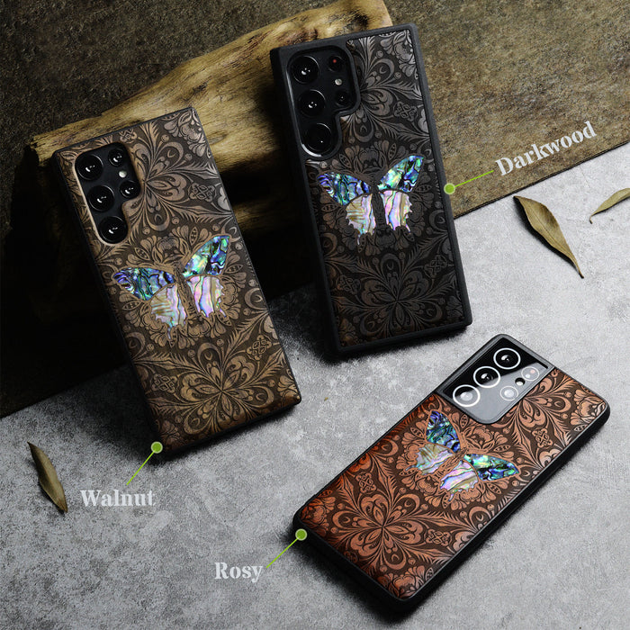 Baroque Butterfly, Hand-Inlaid Wood & Mother of Pearl Case - Artisanal Cover for Samsung Galaxy