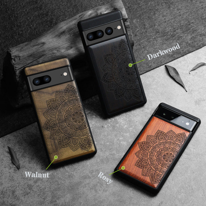 The Half Mandala Lace Pattern, Classic Engraved Wood & TPU Case - Artisanal Cover for Google Pixel