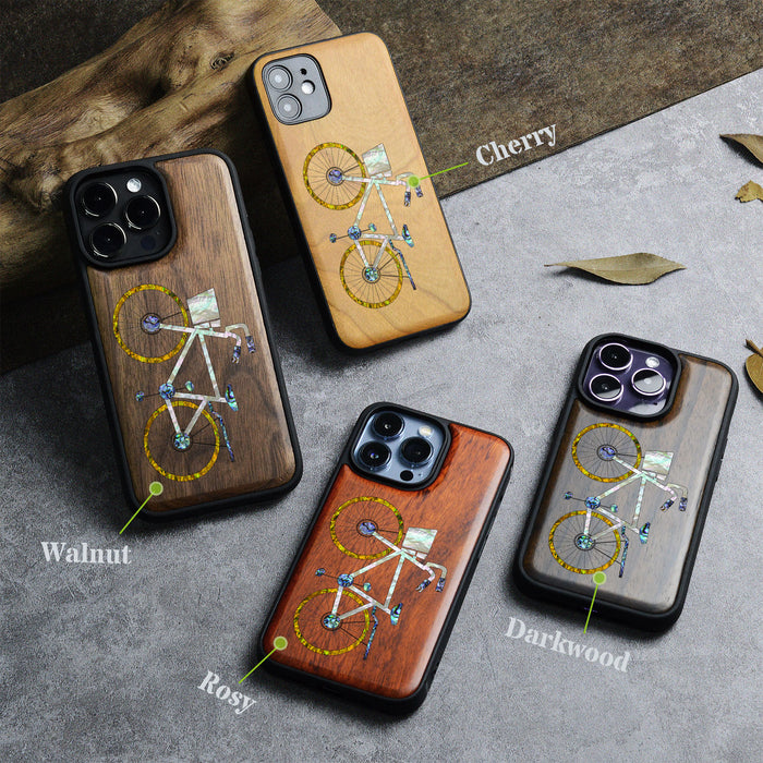 Classic Bicycle Silhouette, Hand-Inlaid Wood & Mother of Pearl Case - Artisanal Cover for Apple iPhone
