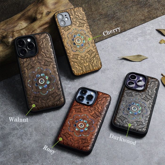 Ethereal Bloom Mandala, Hand-Inlaid Wood & Mother of Pearl Case - Artisanal Cover for Apple iPhone