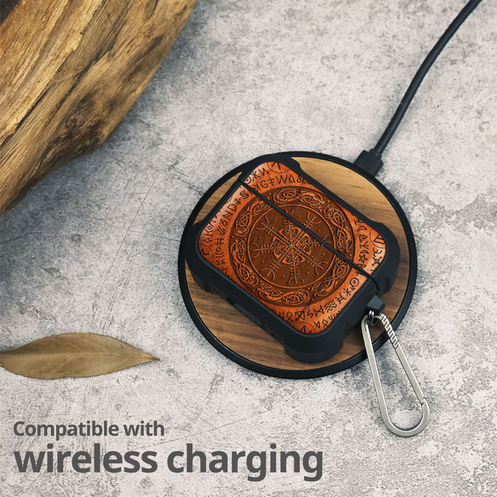 The Shield of Dragons and Awe - Wood Artisan Engraved & Shell Hand-Inlaid Cover - Artisanal Case for Apple AirPods (Titanium Quick Released Clasp)