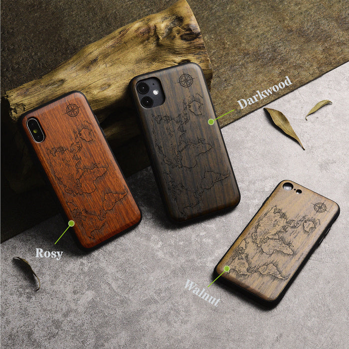 Abstract Expressionist World Map Linework, Classic Engraved Wood & TPU Case - Artisanal Cover for Apple iPhone