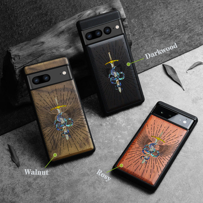 Serpent Winged Sword, Hand-Inlaid Wood & Mother of Pearl Case - Artisanal Cover for Google Pixel