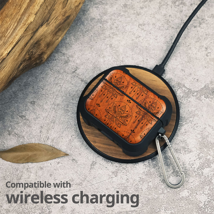 Bohemian Indian Lotus - Wood Artisan Engraved & Shell Hand-Inlaid Cover - Artisanal Case for Apple AirPods (Titanium Quick Released Clasp)