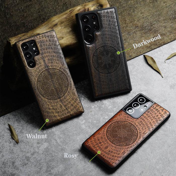 The Shield of Dragons and Awe, Classic Engraved Wood & TPU Case - Artisanal Cover for Samsung Galaxy