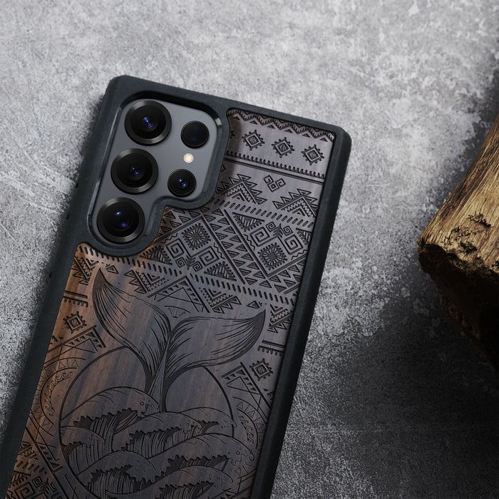 The Whale's Song Amidst Aztec Waves, Classic Engraved Wood & TPU Case - Artisanal Cover for Samsung Galaxy