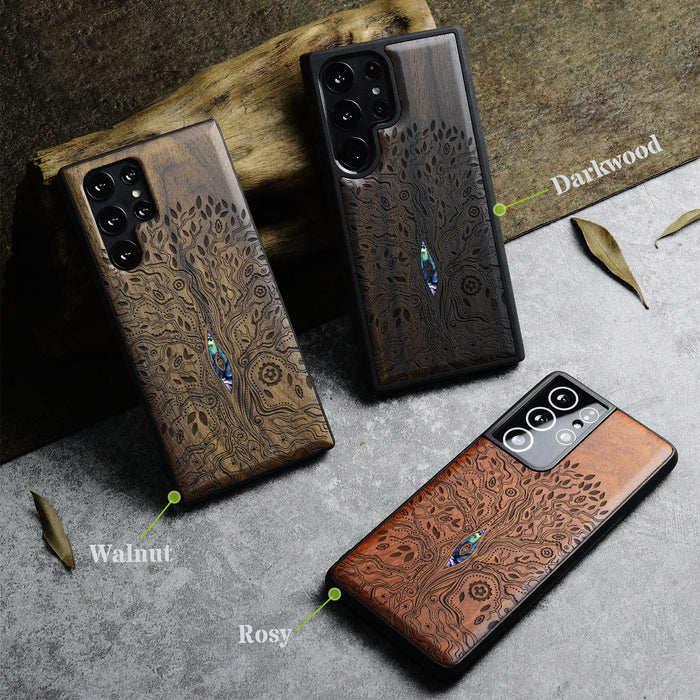 The Line Art Tree of Life, Hand-Inlaid Wood & Mother of Pearl Case - Artisanal Cover for Samsung Galaxy