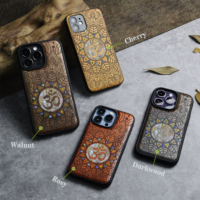 Harmony's Whisper Mandala, Hand-Inlaid Wood & Mother of Pearl Case - Artisanal Cover for Apple iPhone