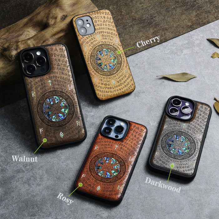 The Shield of Dragons and Awe, Hand-Inlaid Wood & Mother of Pearl Case - Artisanal Cover for Apple iPhone