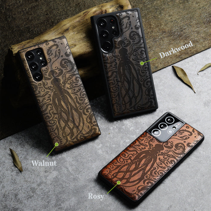 The Octopus's Nocturne, Classic Engraved Wood & TPU Case - Artisanal Cover for Samsung Galaxy