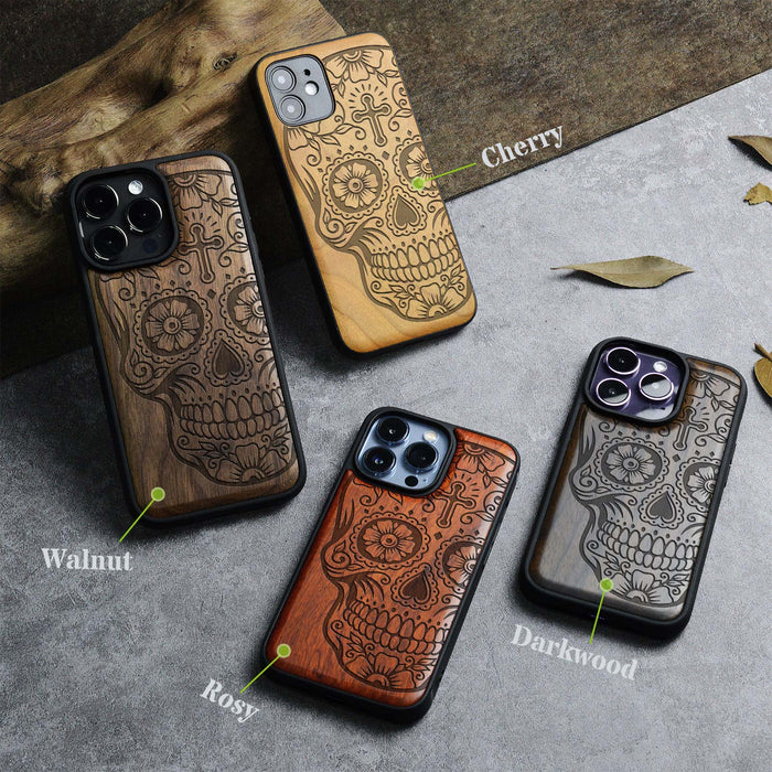 The Dia de los Muertos Sugar Skul, Classic Engraved Wood & TPU Case - Artisanal Cover for Apple iPhone