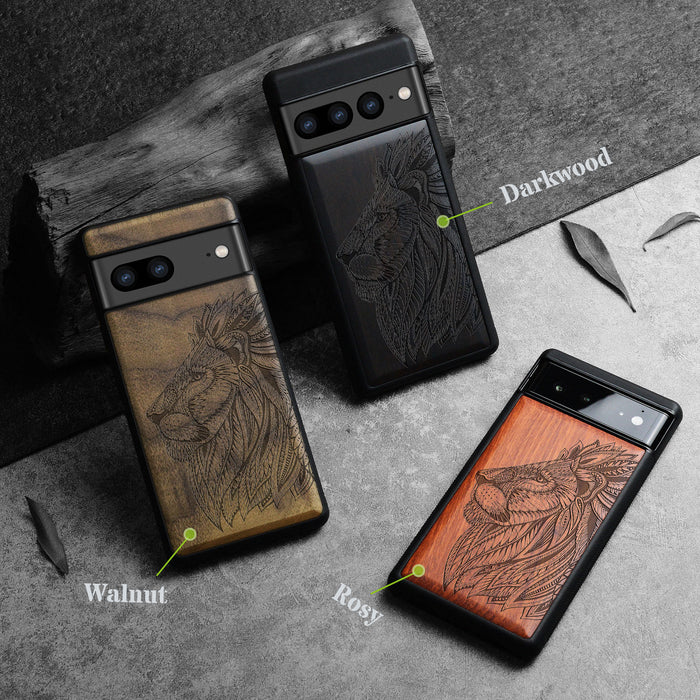 The Ornate Lion's Head, Classic Engraved Wood & TPU Case - Artisanal Cover for Google Pixel