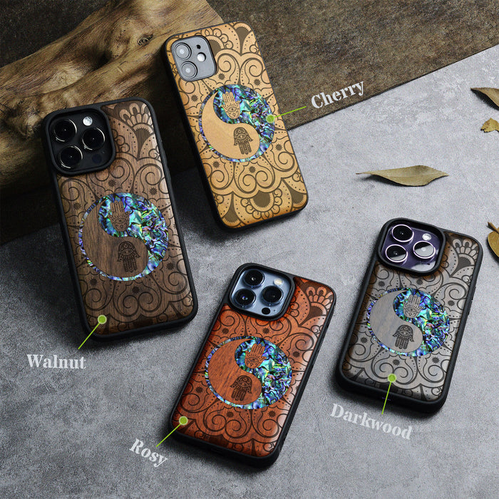 Tranquil Harmony Mandala, Hand-Inlaid Wood & Mother of Pearl Case - Artisanal Cover for Apple iPhone