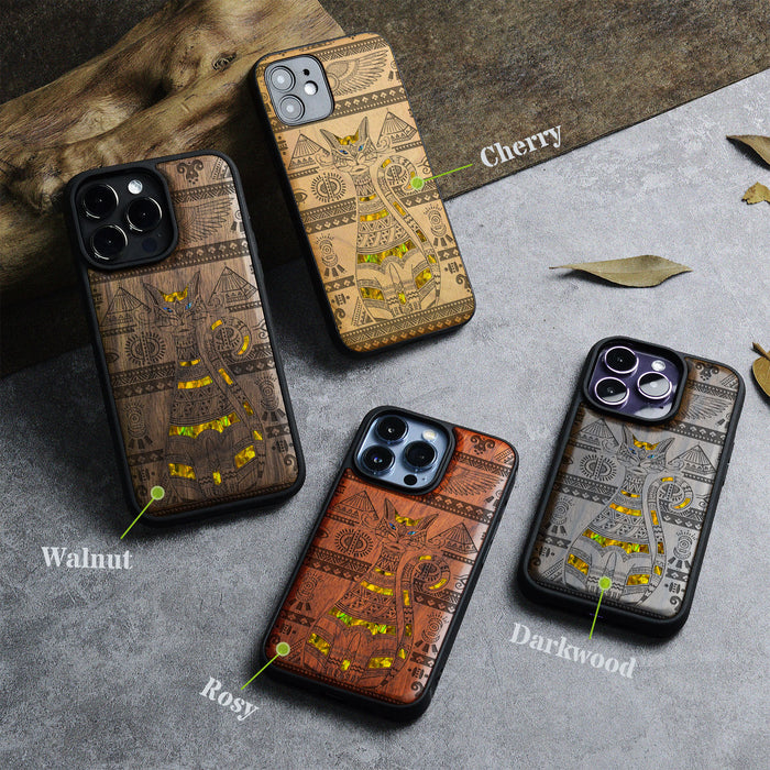 Eternal Watcher, Hand-Inlaid Wood & Mother of Pearl Case - Artisanal Cover for Apple iPhone