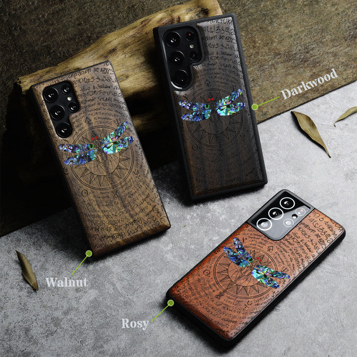 The Graceful Dragonfly, Hand-Inlaid Wood & Mother of Pearl Case - Artisanal Cover for Samsung Galaxy