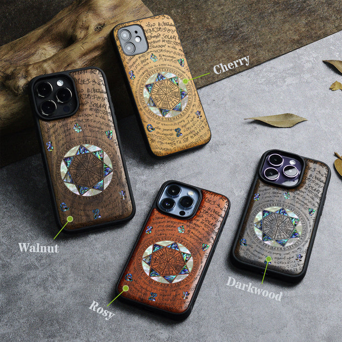 The Sacred Seals, Hand-Inlaid Wood & Mother of Pearl Case - Artisanal Cover for Apple iPhone