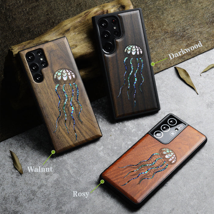 Zentangle Art Jellyfish, Hand-Inlaid Wood & Mother of Pearl Case - Artisanal Cover for Samsung Galaxy