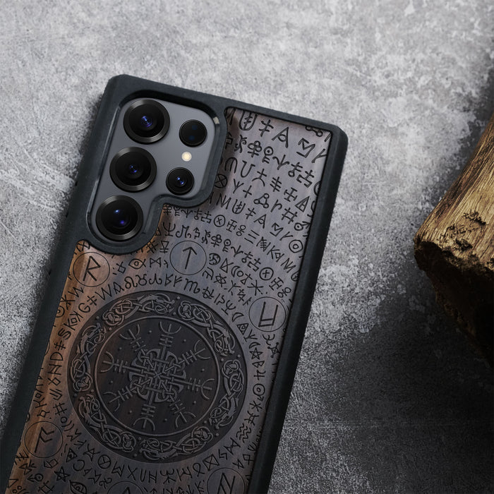 The Shield of Dragons and Awe, Classic Engraved Wood & TPU Case - Artisanal Cover for Samsung Galaxy