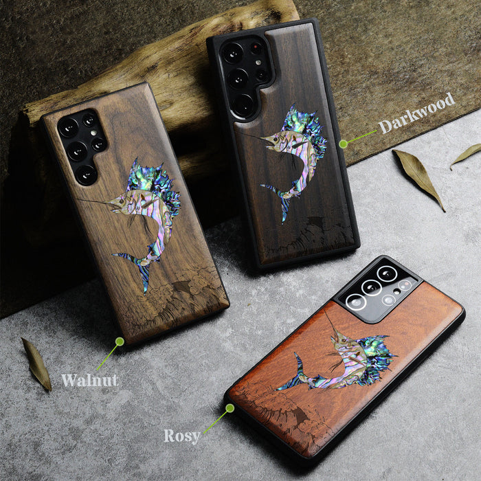 The Soaring Marlin, Hand-Inlaid Wood & Mother of Pearl Case - Artisanal Cover for Samsung Galaxy